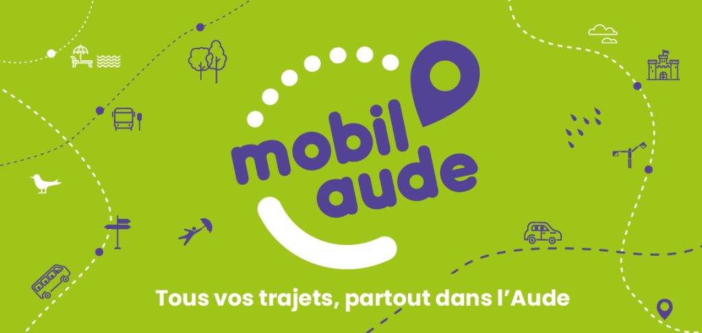 Logo de l'application Mobil Aude avec les message " Tous vos trajets, partout dans l'Aude"